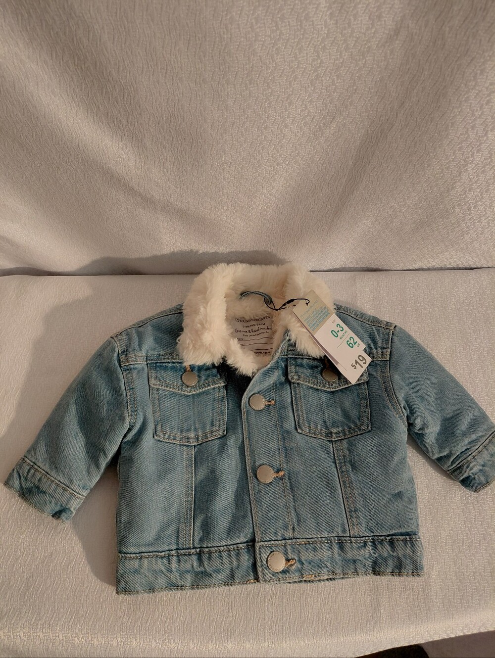 Primark Care Light Blue Denim Jacket with Cream Faux Fur Collar 0-3 Months NWT